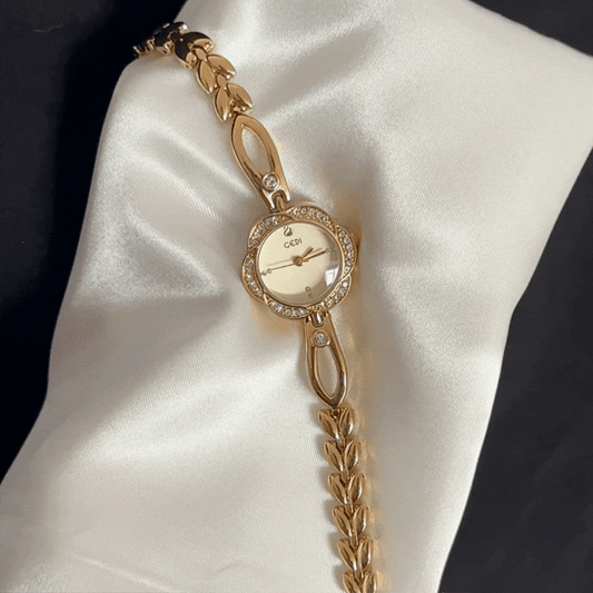 Romantic Elegance Gold Floral Dial Diamond Bezel Alloy Quartz Watch