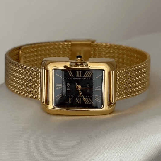 Vintage Square Gold Dial Watch with Gold-Tone Case & Wheat-Textured Alloy Bracelet