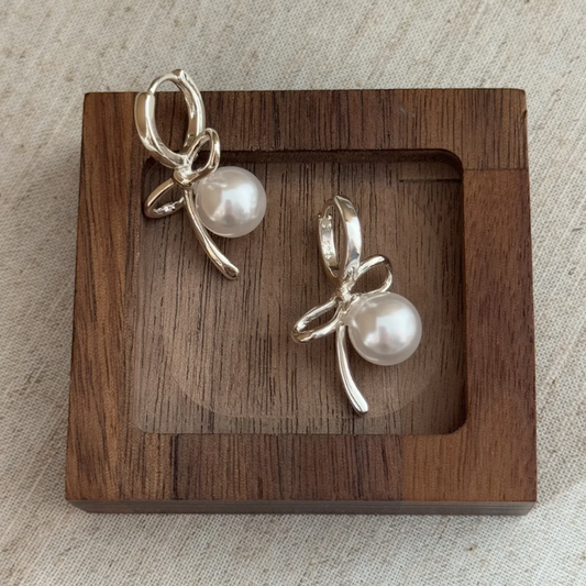 Silver Pearl Bow Earrings