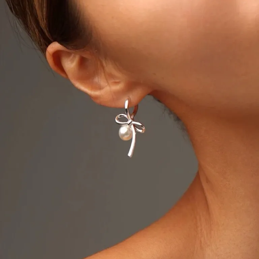 Silver Pearl Bow Earrings