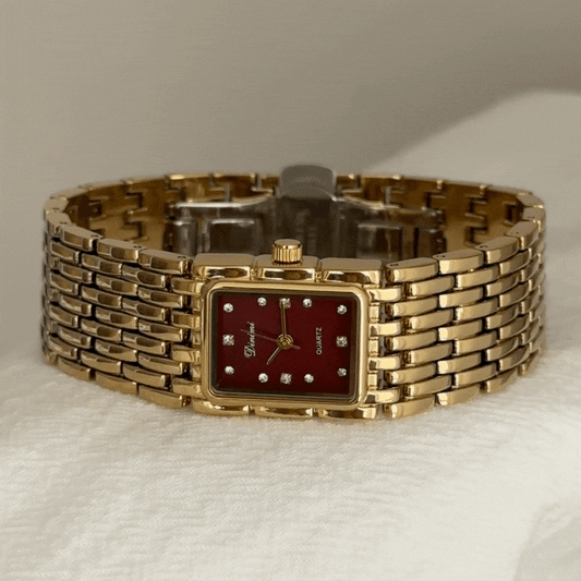 Classic Rectangular Red Dial Watch featuring Gold Case & Alloy Strap | Quartz Movement