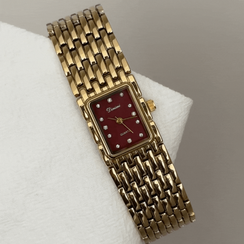 Classic Rectangular Red Dial Watch featuring Gold Case & Alloy Strap ...