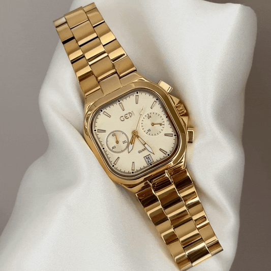 Luxe Essential: Gold Rectangular Dial Watch with Gold Stainless Steel Bracelet