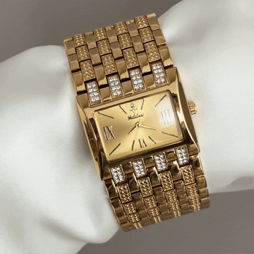 Modern Opulence: Gold Rectangle Dial with Wide Diamond-Set Bracelet