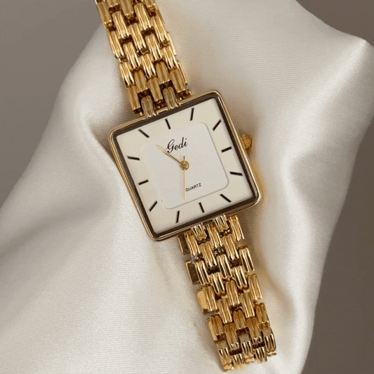 Business Casual White Square Dial Watch – Gold Wide Alloy Quartz Bracelet