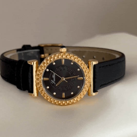 Urban Commute Black Round Dial Watch – Gold Frame & Genuine Leather Quartz