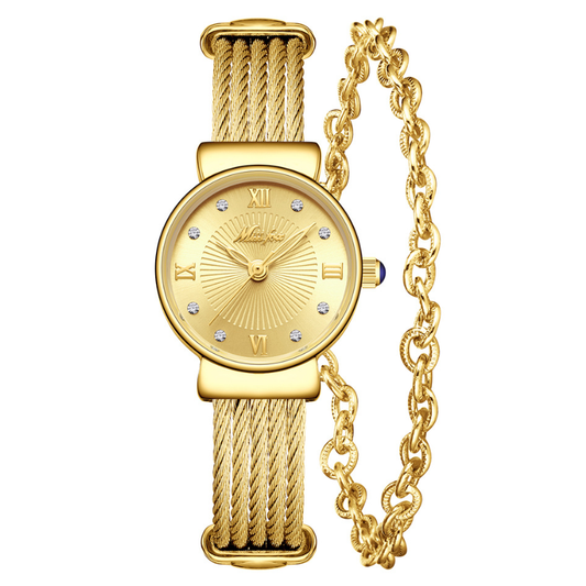 Retro Chic: Gold Round Dial Watch with Matching Gold-Tone Bracelet, Quartz