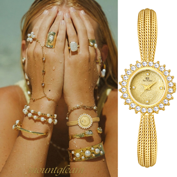 Gold Women’s Quartz Watch – Round Crystal Sunflower Case with Gold Strap | Solara