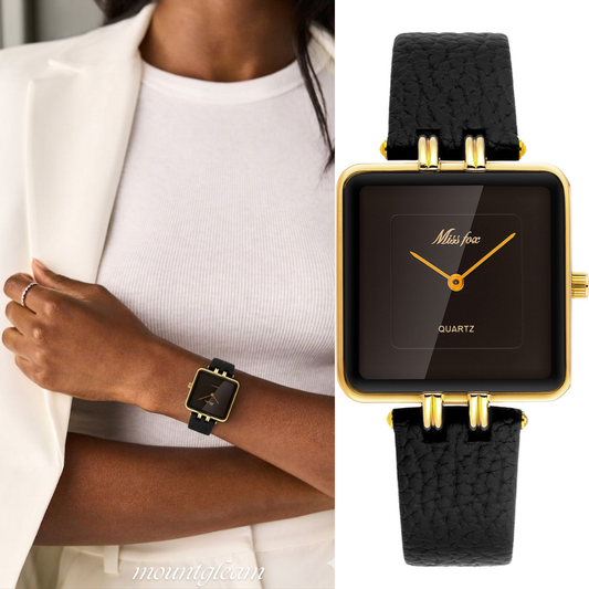 Chic Luxe Timepiece: Black Dial Square Genuine Leather Watch