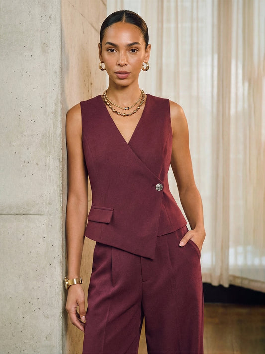 Professional Workwear Asymmetric Vest & Wide-Leg Trousers Set Red