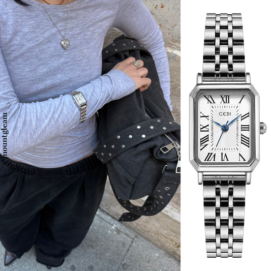 Roma Grace silver rectangle watch with white dial and roman numerals - Old Money style accessory