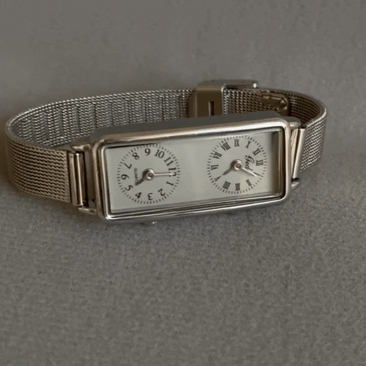 silver mesh dual dial watch for women with double dial design