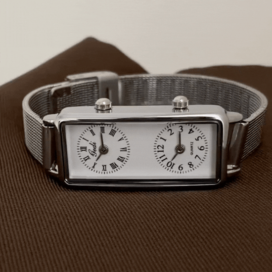 silver rectangular dual dial watch for women with white dial