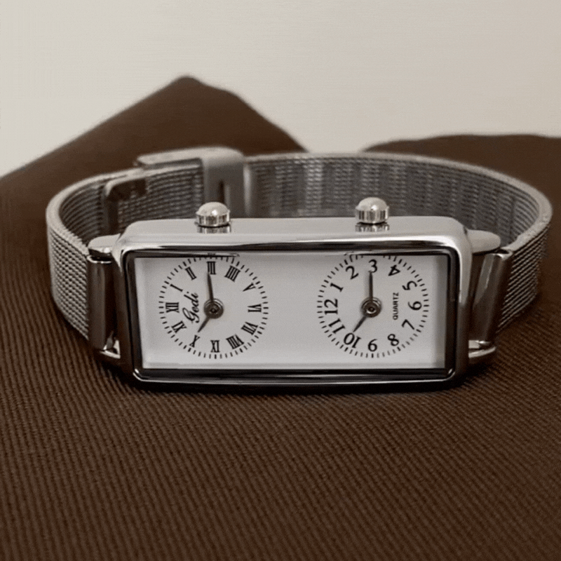 silver rectangular dual dial watch for women with white dial