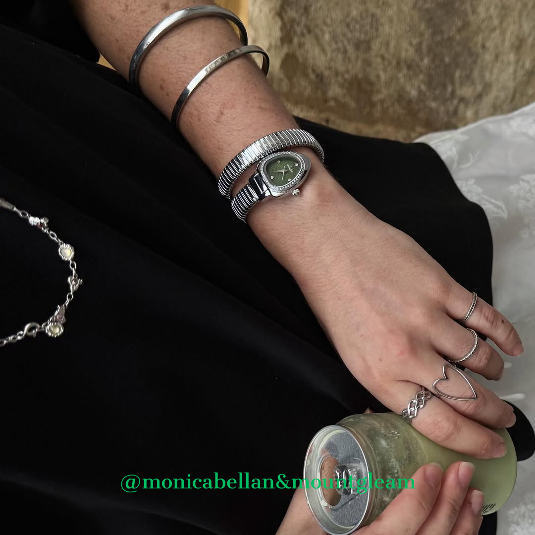 silver snake head bangle watch green dial